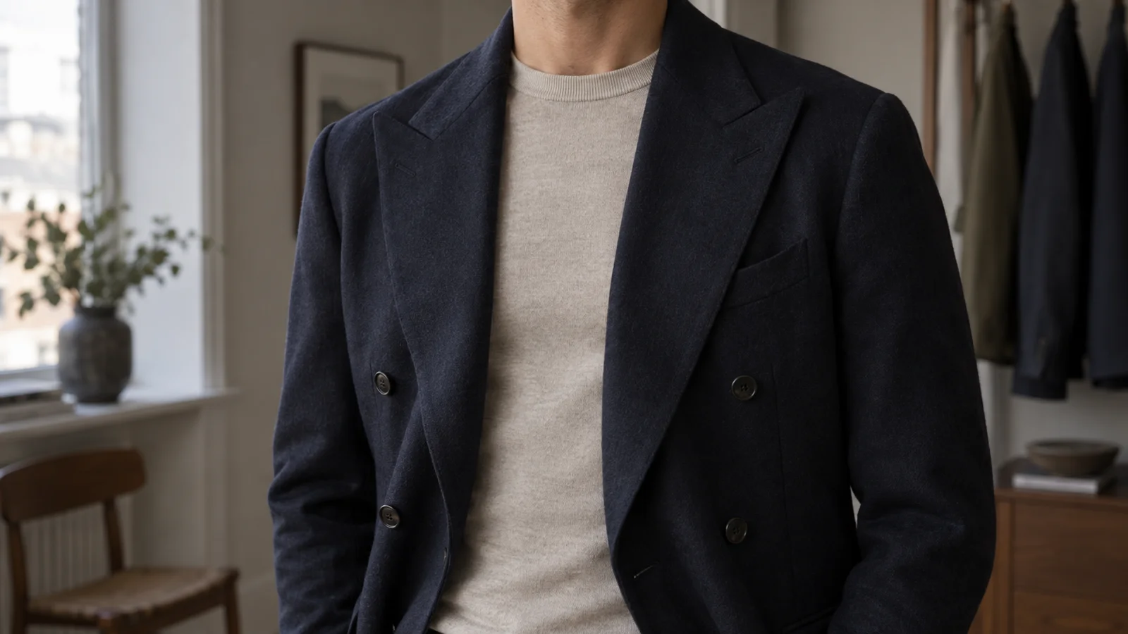Tynd lys rundhals under en åben mørk dobbeltradet blazer