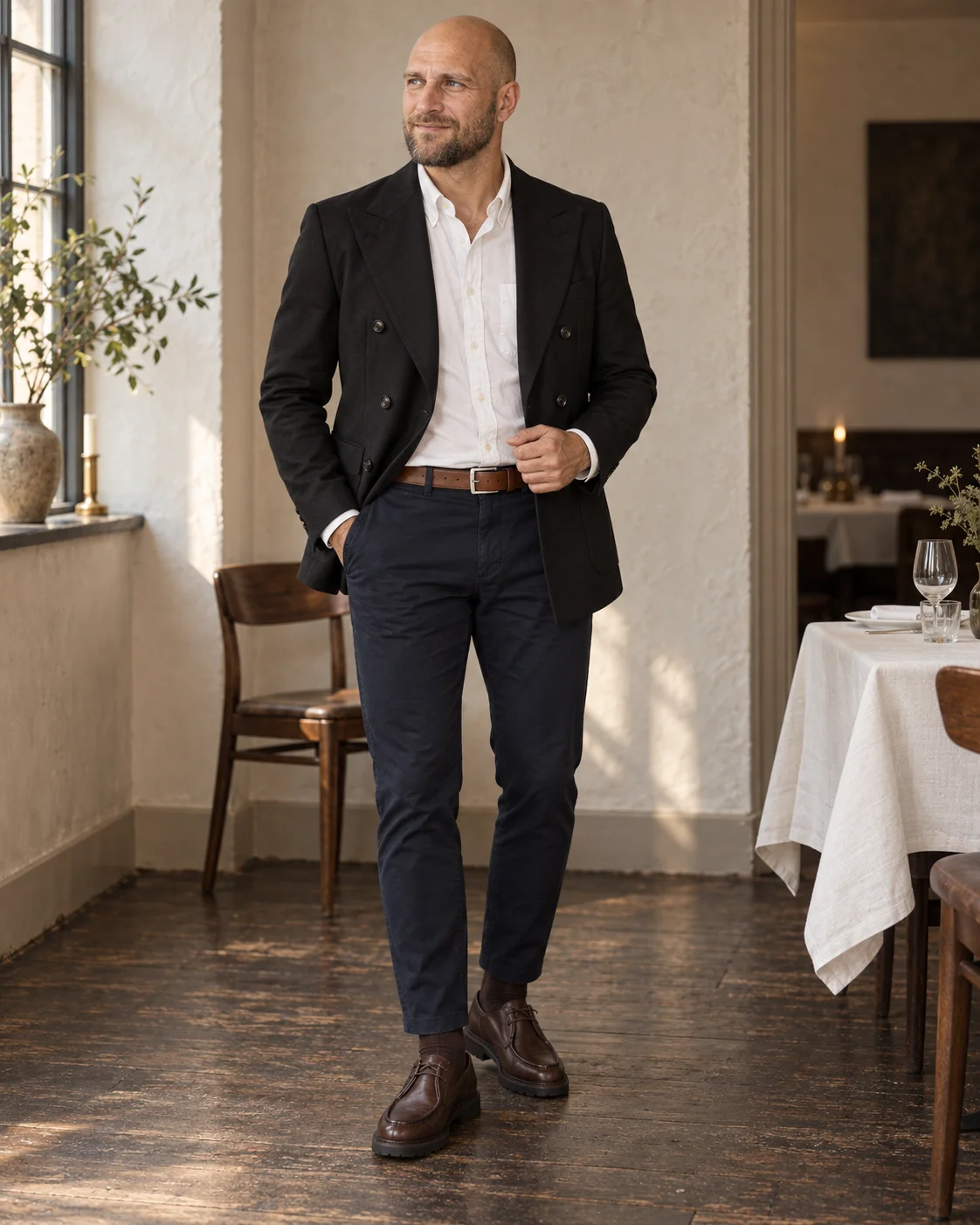 Sort dobbeltradet blazer med hvid skjorte, navy chinos, brune sokker og derbysko samt cognacbrunt bælte