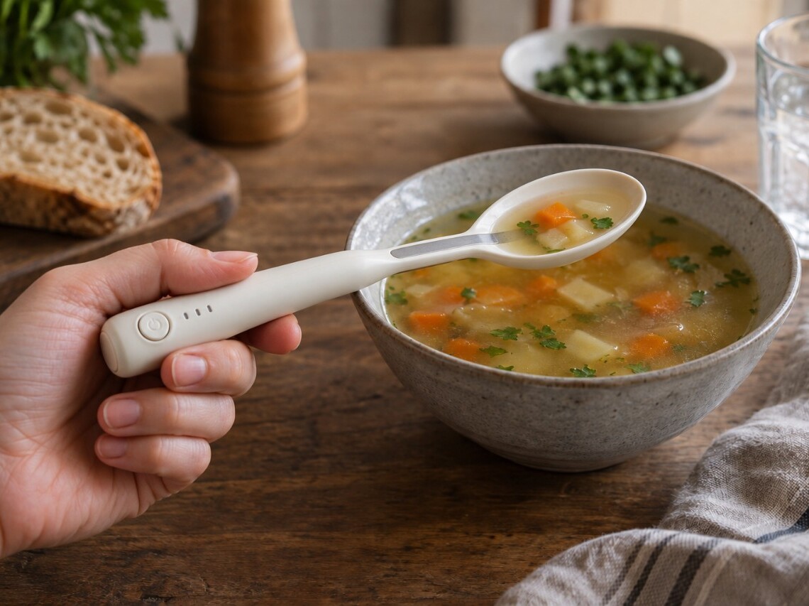 AI-genereret visualisering af en elektrisk ske med kontrolknap og elektrode over en skål suppe.