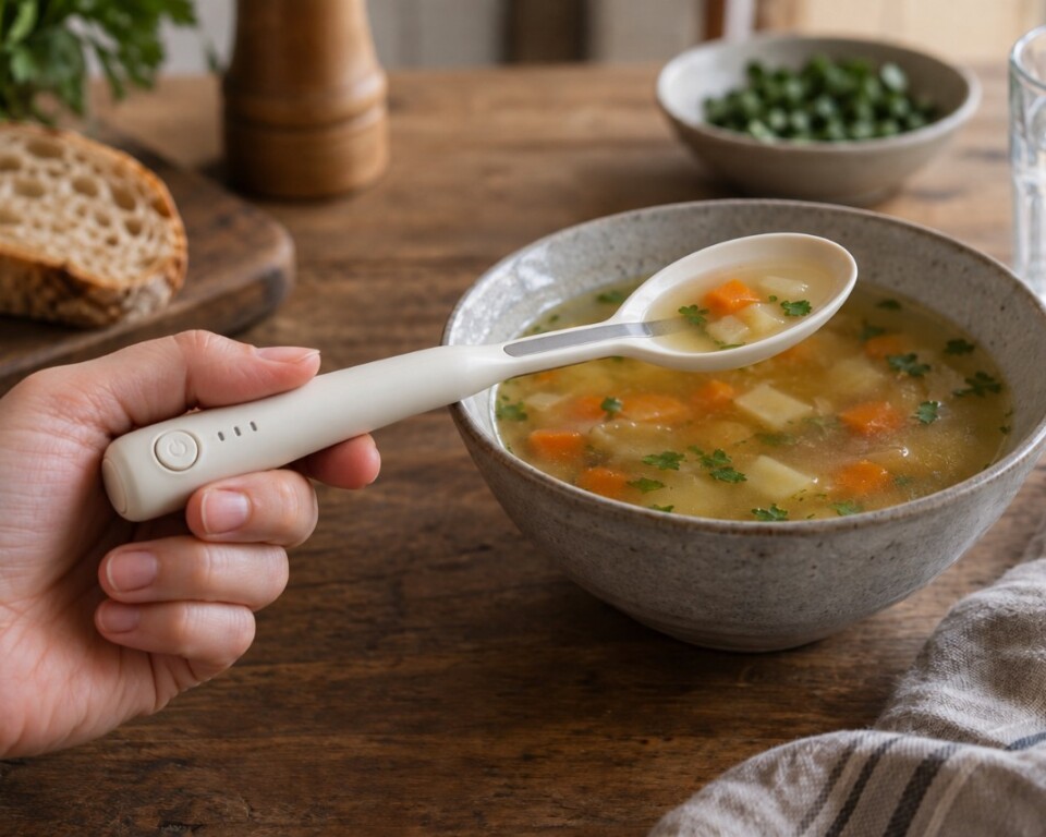 AI-genereret visualisering af en elektrisk ske med kontrolknap og elektrode over en skål suppe.