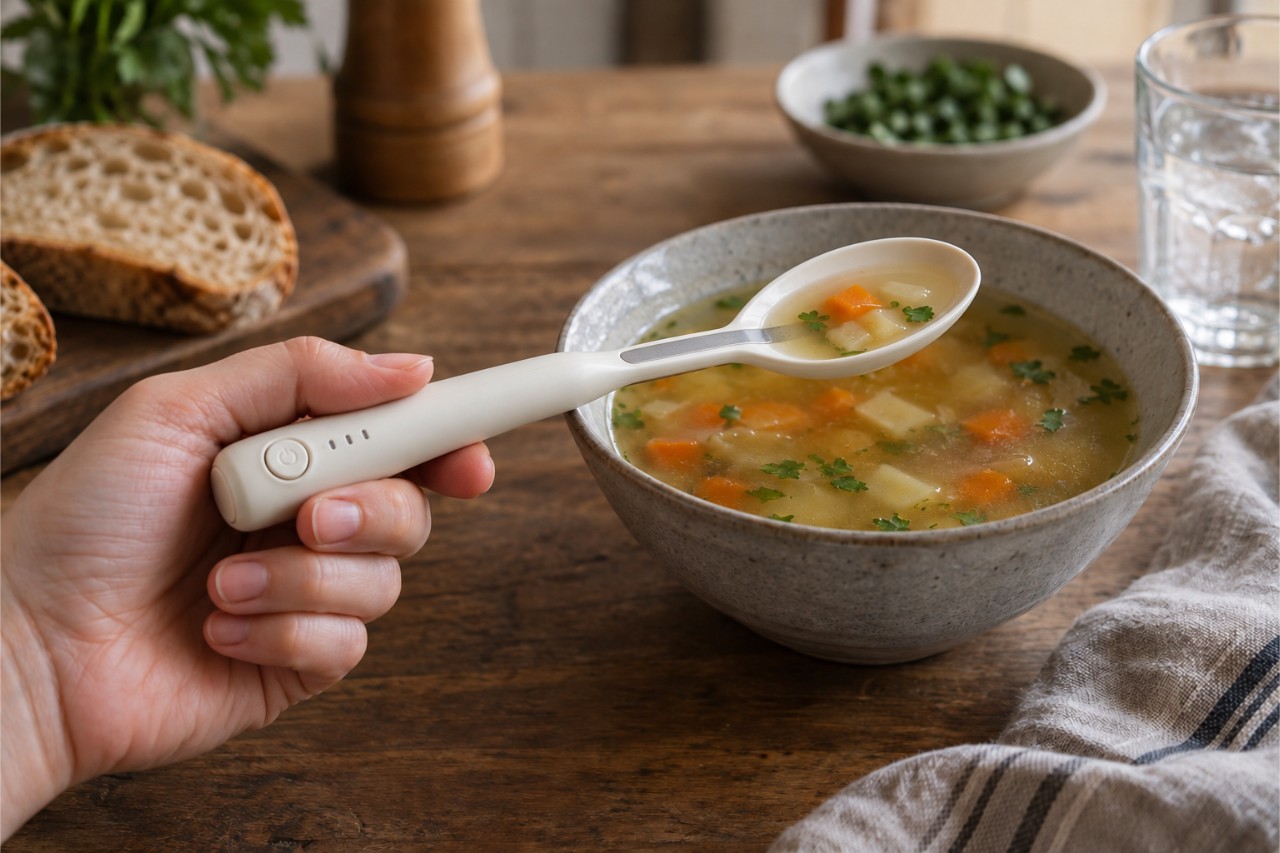 AI-genereret visualisering af en elektrisk ske med kontrolknap og elektrode over en skål suppe.