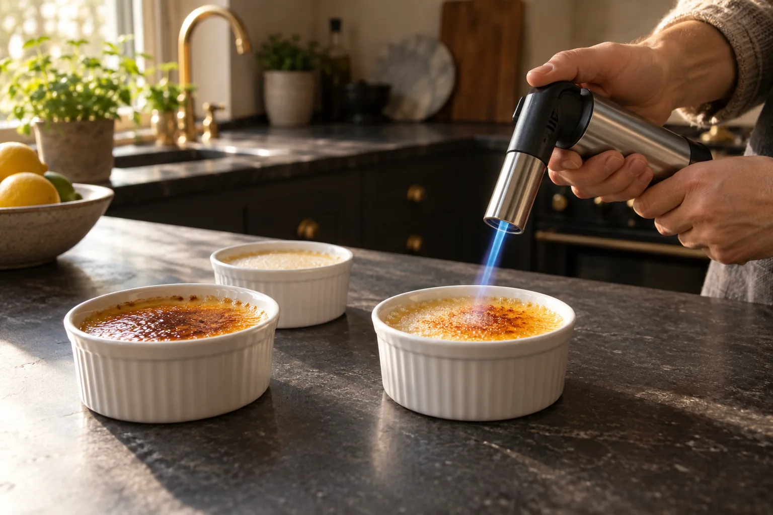 Gasbrænder karamelliserer sukker på tre portionsforme i et varmt køkken