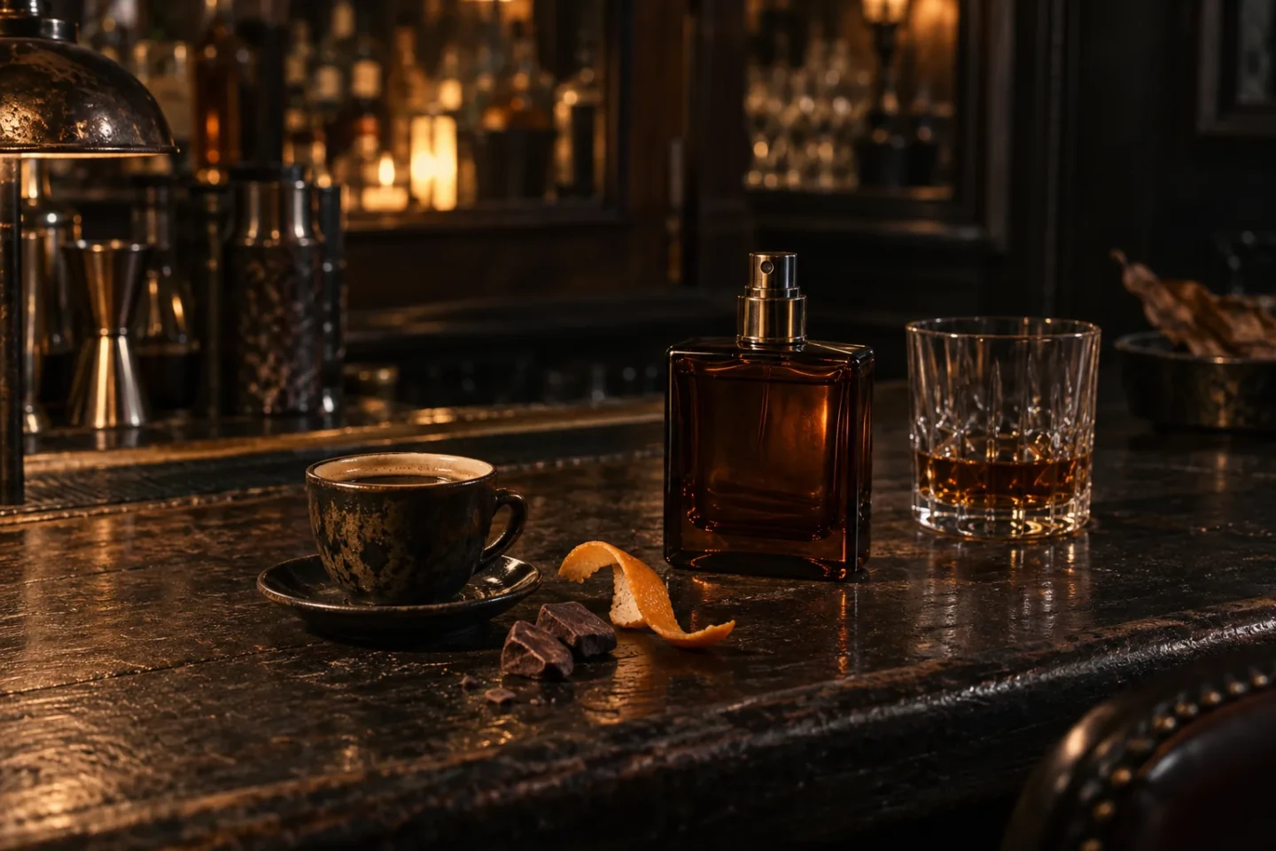 Parfumeflakon, espresso, appelsinskal og kakao på en mørk bar