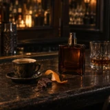 Parfumeflakon, espresso, appelsinskal og kakao på en mørk bar