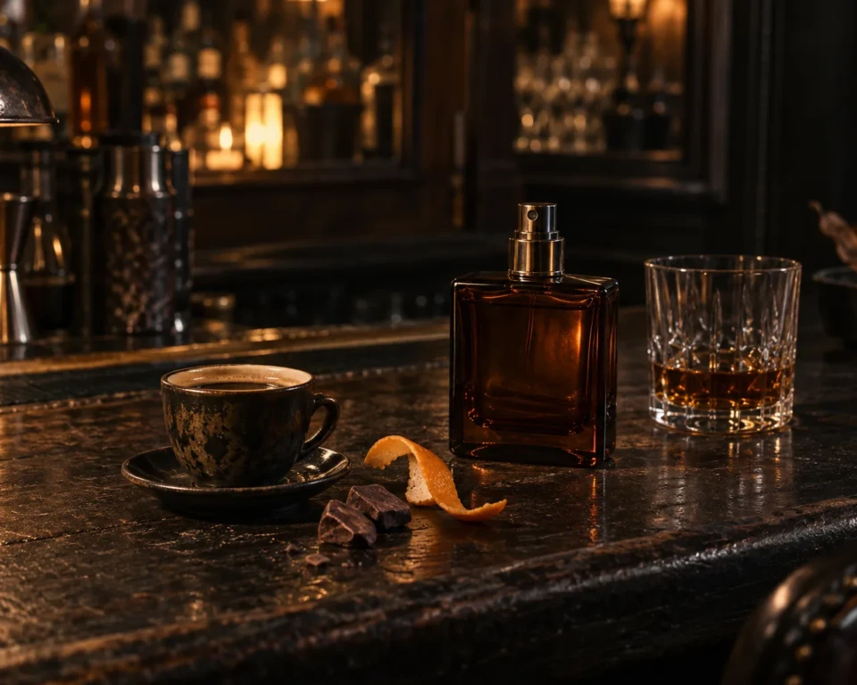 Parfumeflakon, espresso, appelsinskal og kakao på en mørk bar