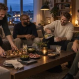 Fire venner samles om småretter og alkoholfri drinks i en varm stue