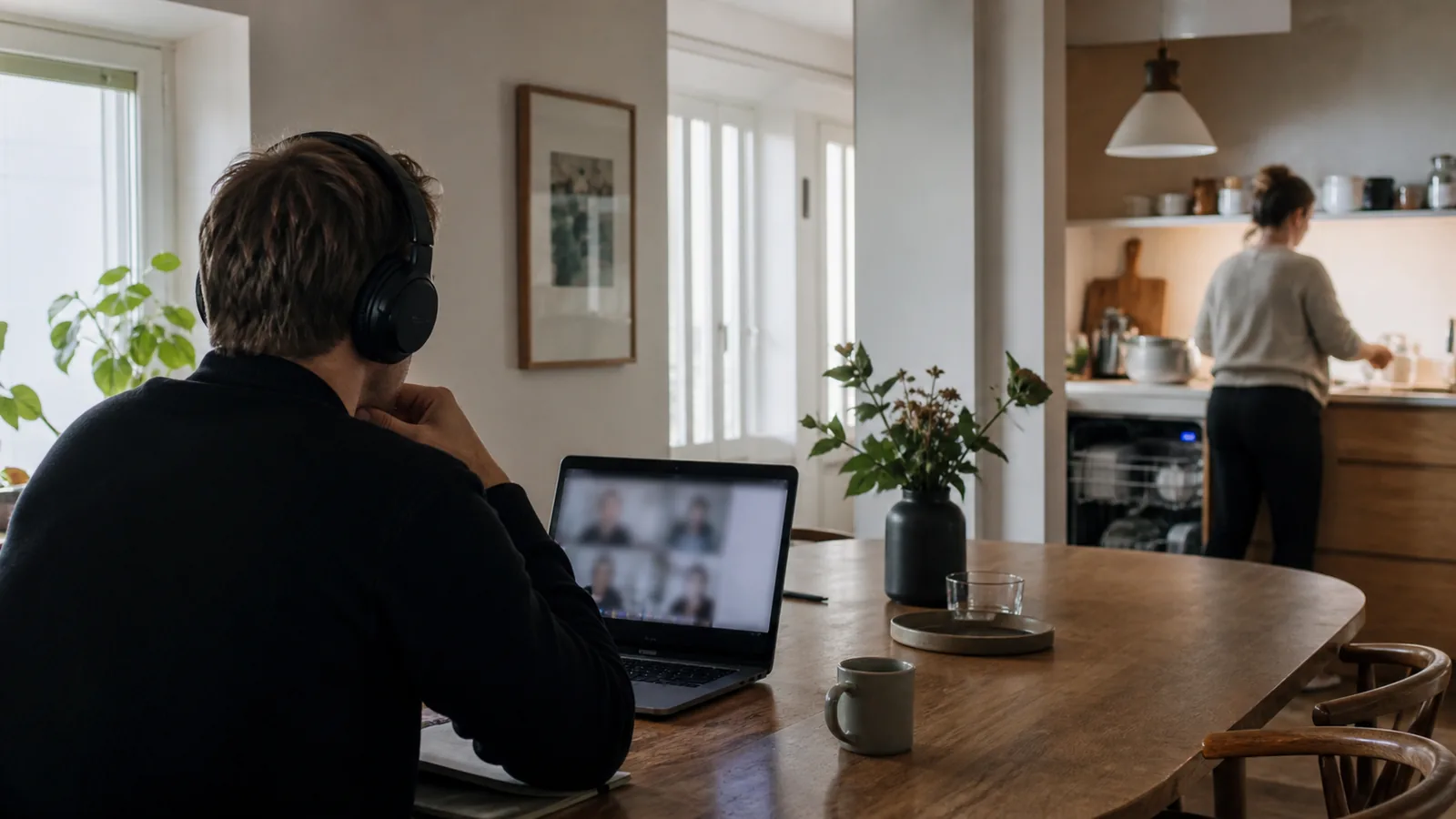 Hjemmearbejde med hovedtelefoner ved spisebordet, mens køkkenet er i brug