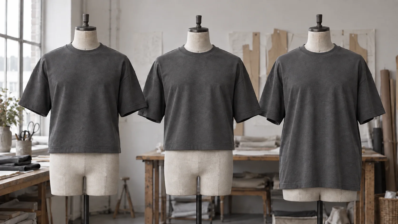 Tre boxy T-shirts på herreginer i kort, kompakt og længere længde uden eksponeret mave
