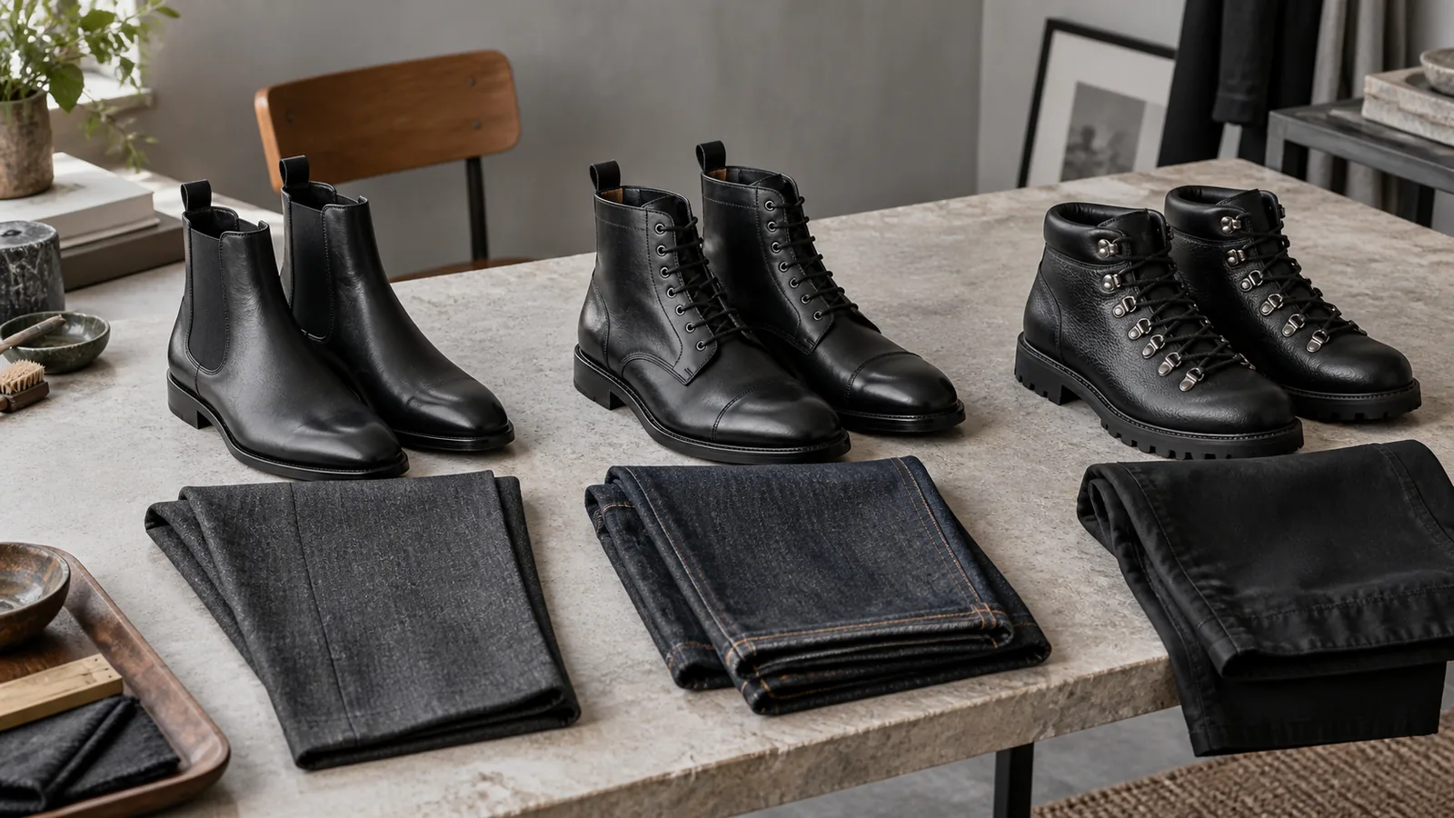 Tre typer sorte læderstøvler ved uld, denim og sort twill