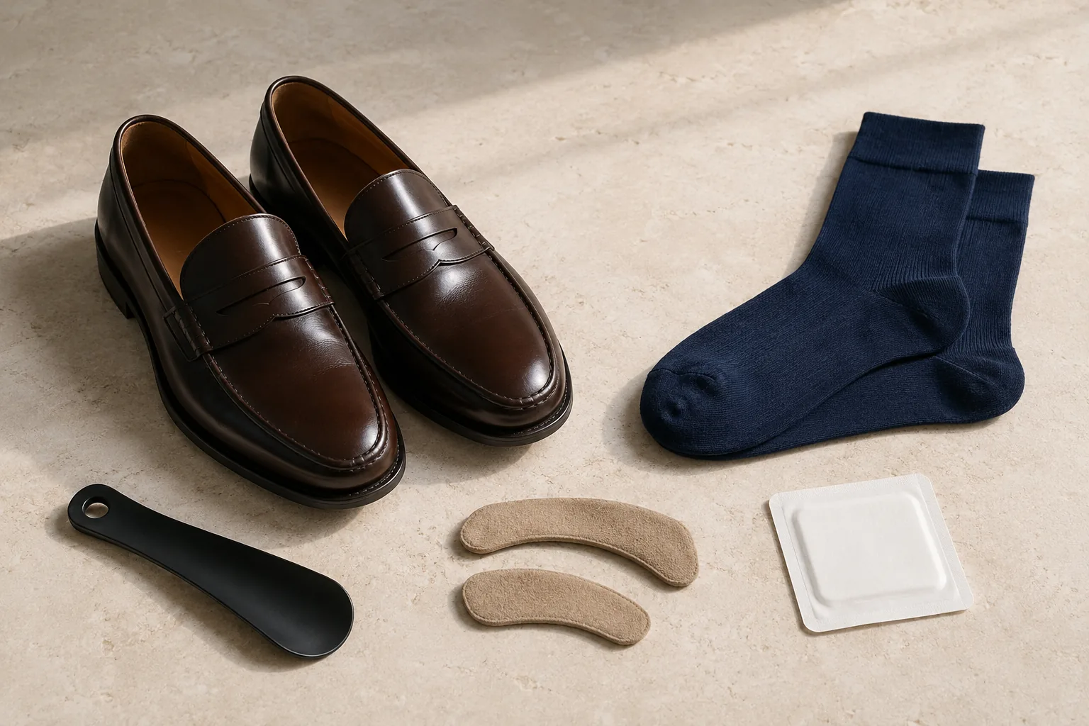 Brune loafers med strømper, skohorn, hælgreb og blisterplaster