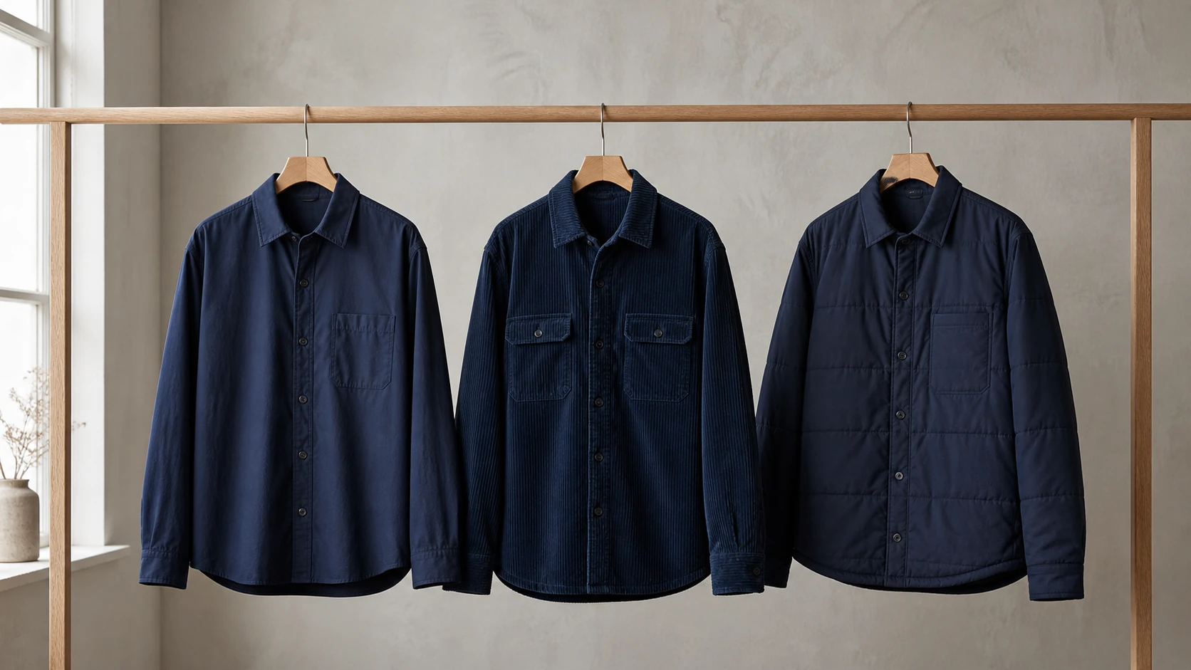 Tre generiske navy overshirts i let bomuld, fløjl og polstret kvalitet