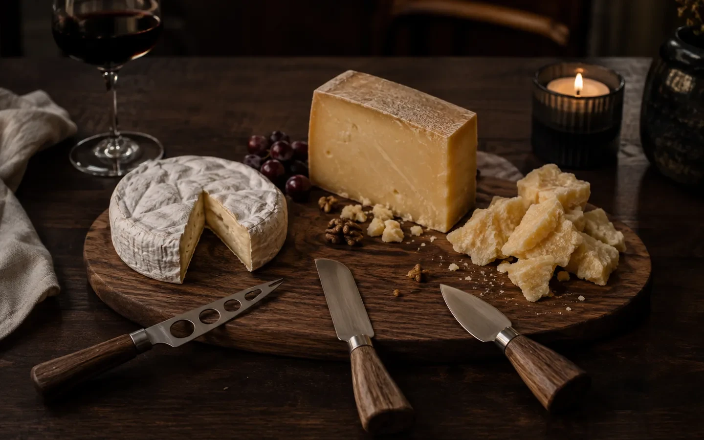 Ostebræt med brie, fast ost, parmesan og tre forskellige osteknive efter middagen
