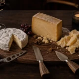 Ostebræt med brie, fast ost, parmesan og tre forskellige osteknive efter middagen