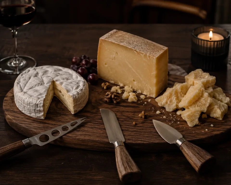 Ostebræt med brie, fast ost, parmesan og tre forskellige osteknive efter middagen