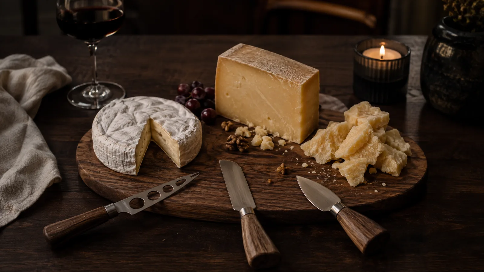 Ostebræt med brie, fast ost, parmesan og tre forskellige osteknive efter middagen