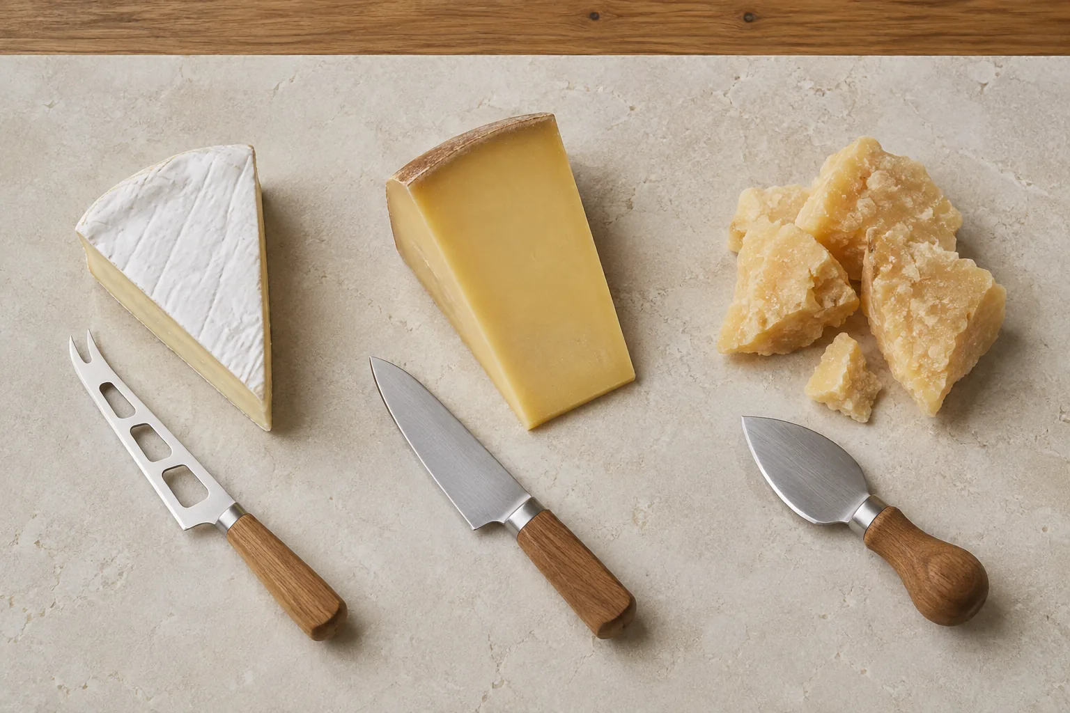 Brie, fast ost og parmesan med perforeret kniv, skærekniv og robust ostespade