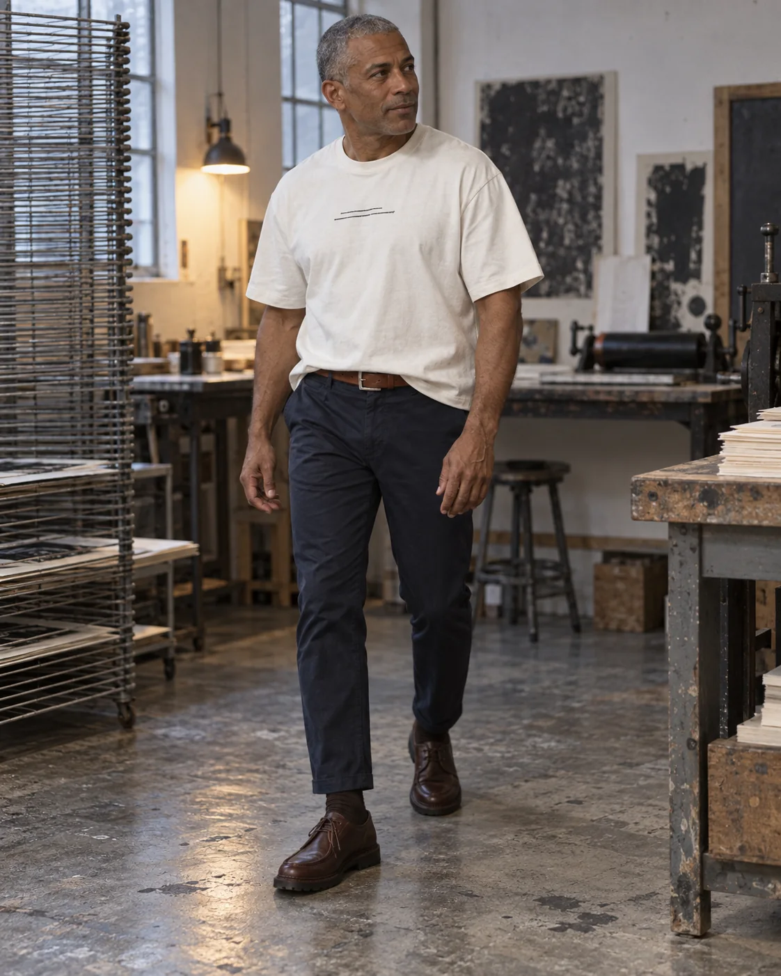 Mand i boxy t-shirt, navy chinos og brune derbysko i et grafisk værksted