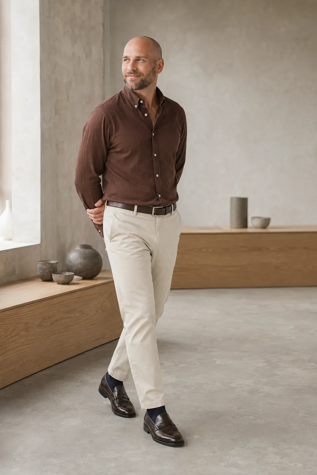 Joen i brun Oxford-skjorte, lyse chinos og mørkebrune penny loafers