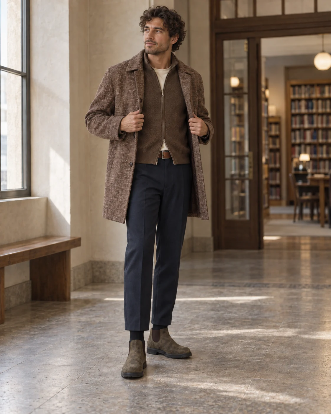 Brun cardigan, råhvid T-shirt og navy bukser under åben tweedfrakke, med brunt bælte, sorte strømper og brune Chelsea-støvler