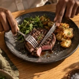 Hænder skærer en bøf med steakkniv ved et egetræsbord i varmt sollys