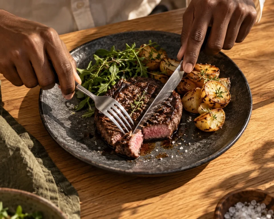 Hænder skærer en bøf med steakkniv ved et egetræsbord i varmt sollys