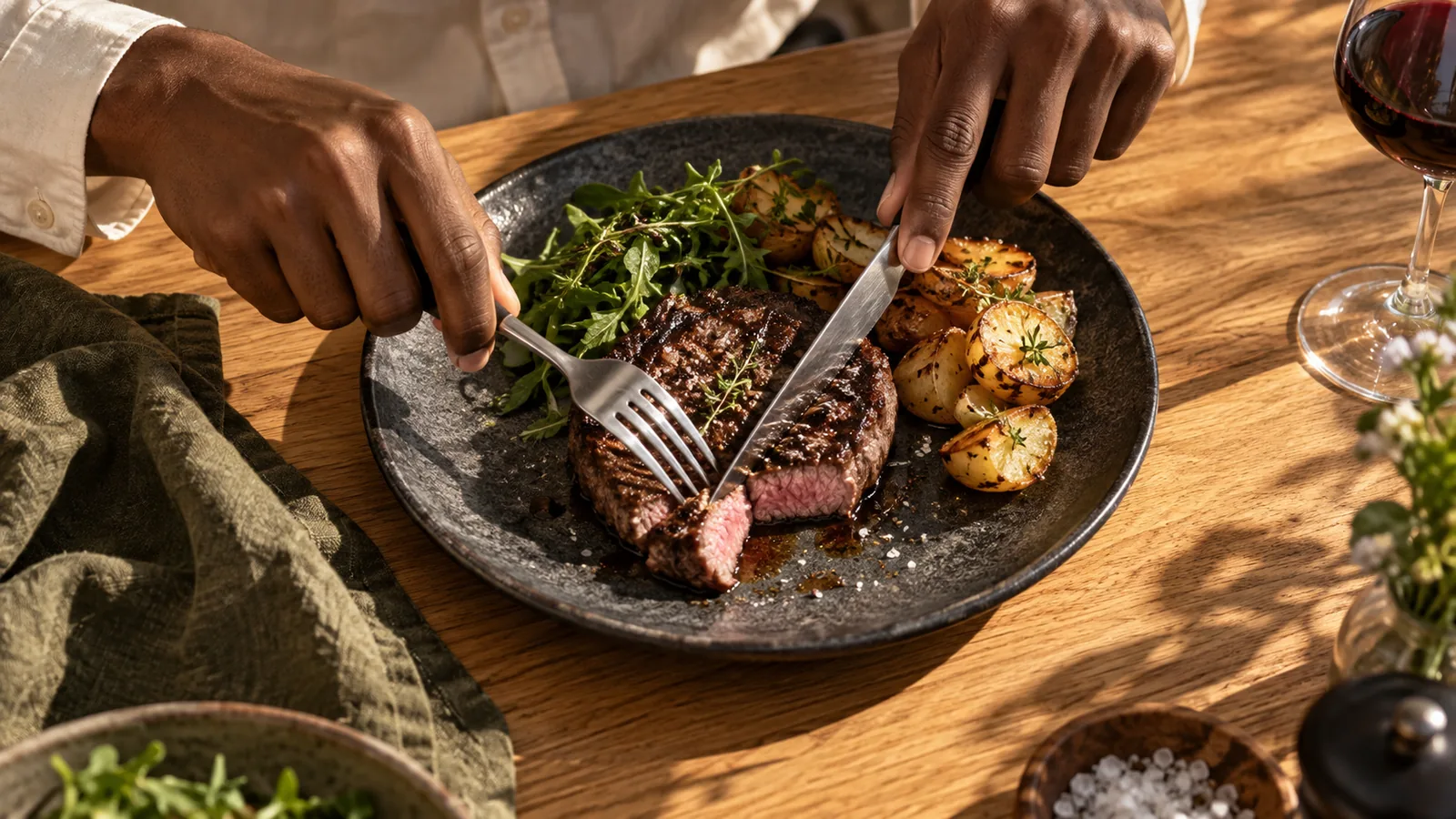 Hænder skærer en bøf med steakkniv ved et egetræsbord i varmt sollys