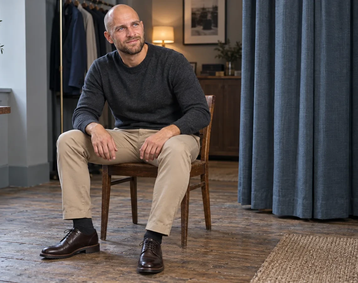 Siddende mand i sandfarvede chinos med hele buksebenet synligt