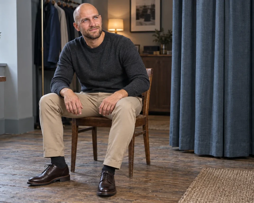 Siddende mand i sandfarvede chinos med hele buksebenet synligt