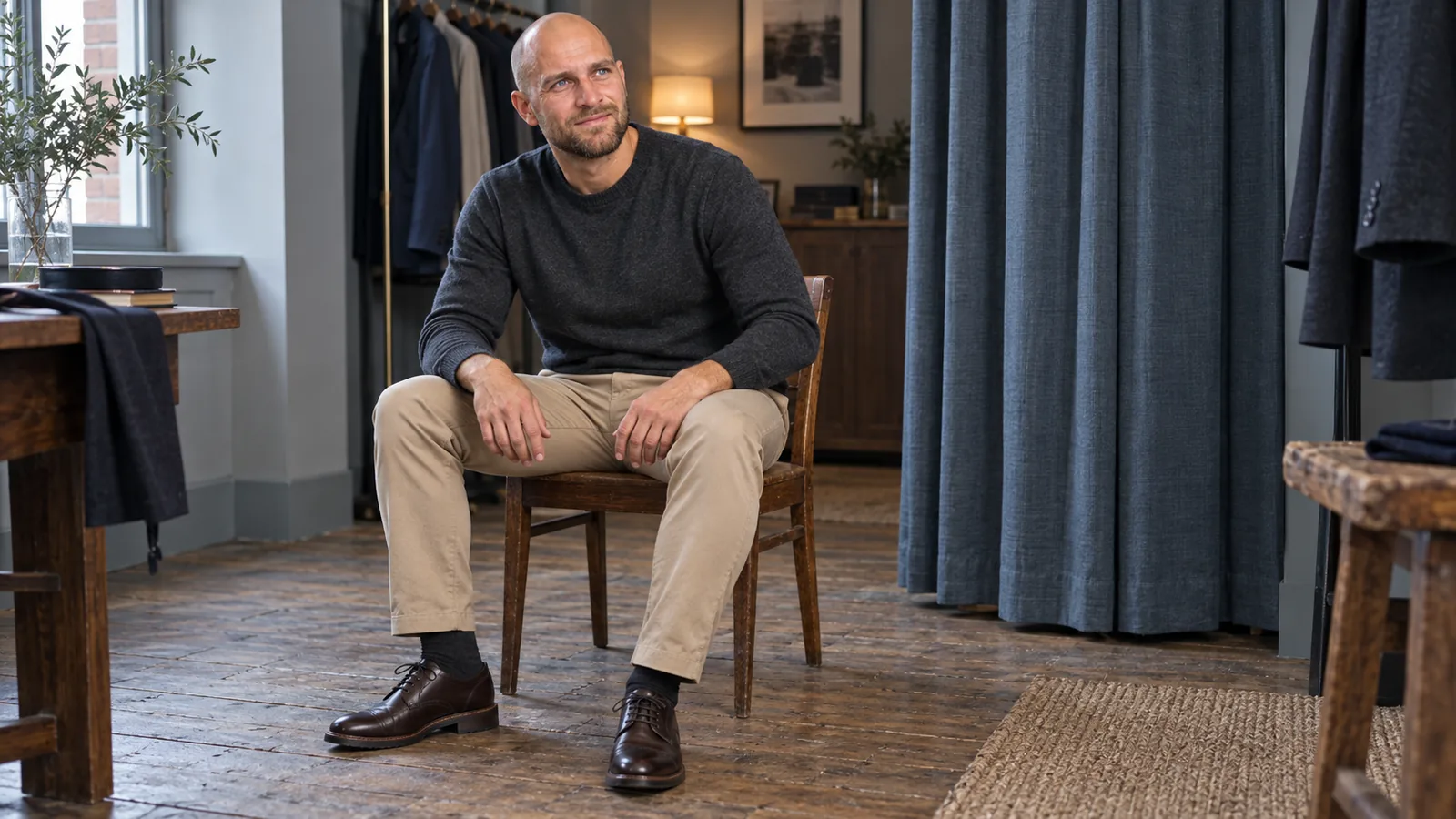 Siddende mand i sandfarvede chinos med hele buksebenet synligt