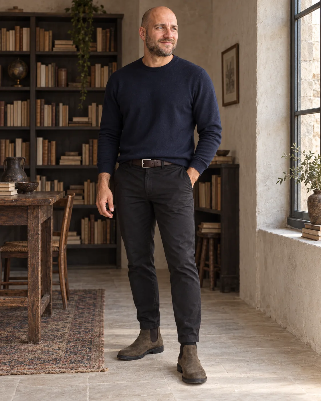 Navy rundhals, sorte chinos og brune Chelsea-støvler i en samlet styling