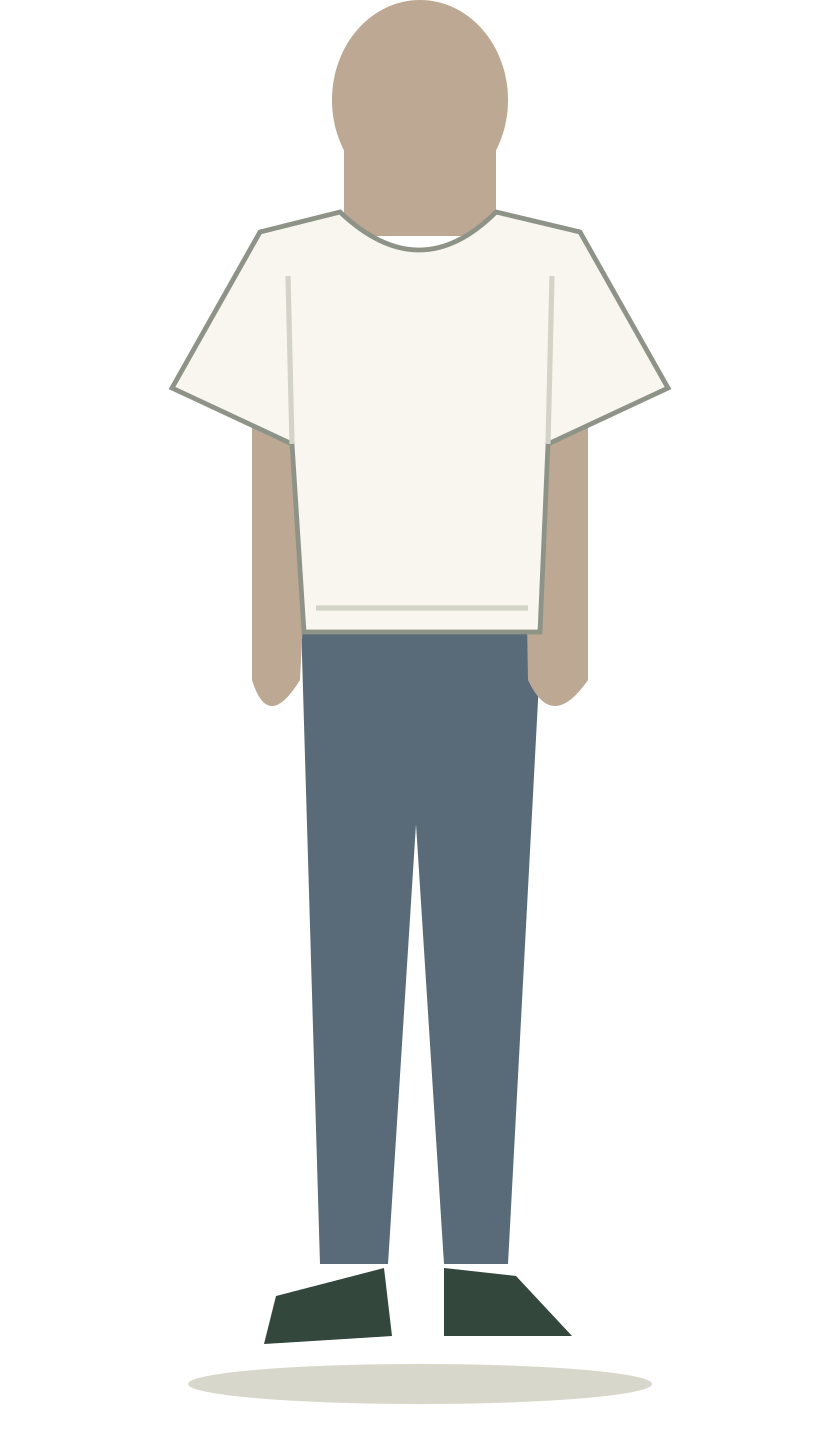 Skematisk figur med bred t-shirt og smalle bukser. Overdelen er tydeligt bredere end benene.