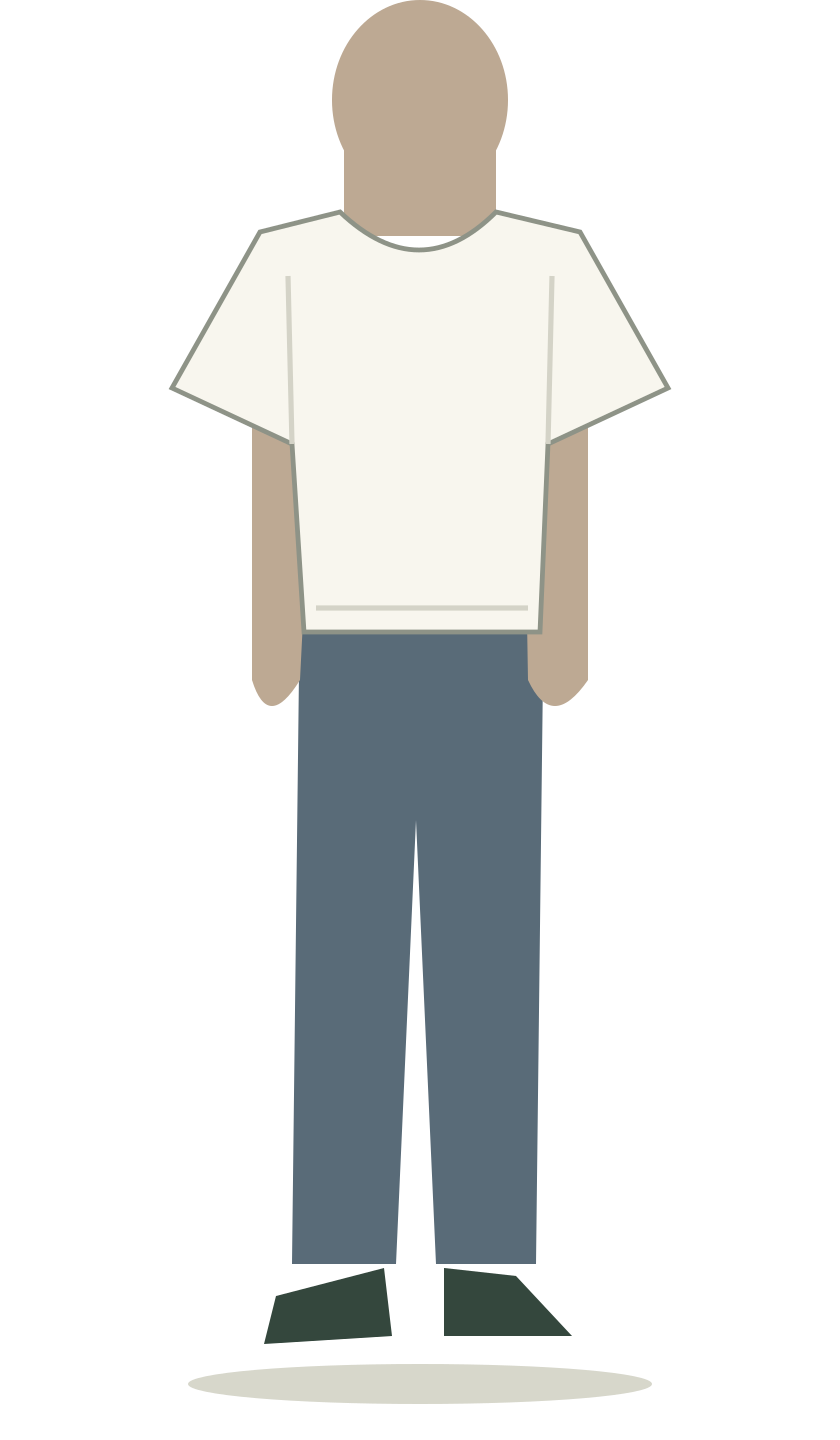 Samme skematiske figur og brede t-shirt med lige bukseben. Overdel og underdel har mere beslægtet bredde.