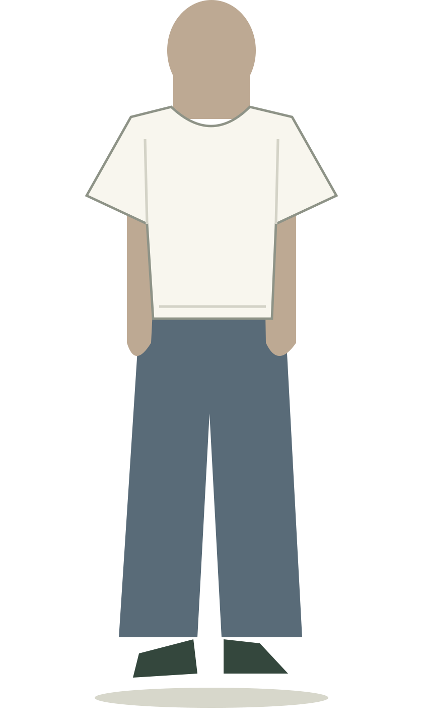 Samme skematiske figur og brede t-shirt med brede bukseben. Hele silhuetten har mere volumen.
