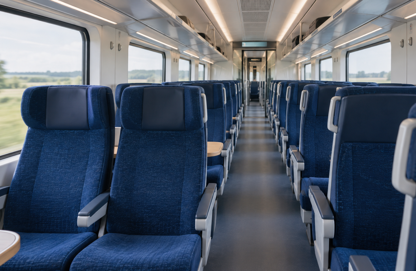 Illustration af et moderne toginteriør med blå sæder, inspireret af ComfortJet. Ikke et foto fra ruten Danmark til Prag.