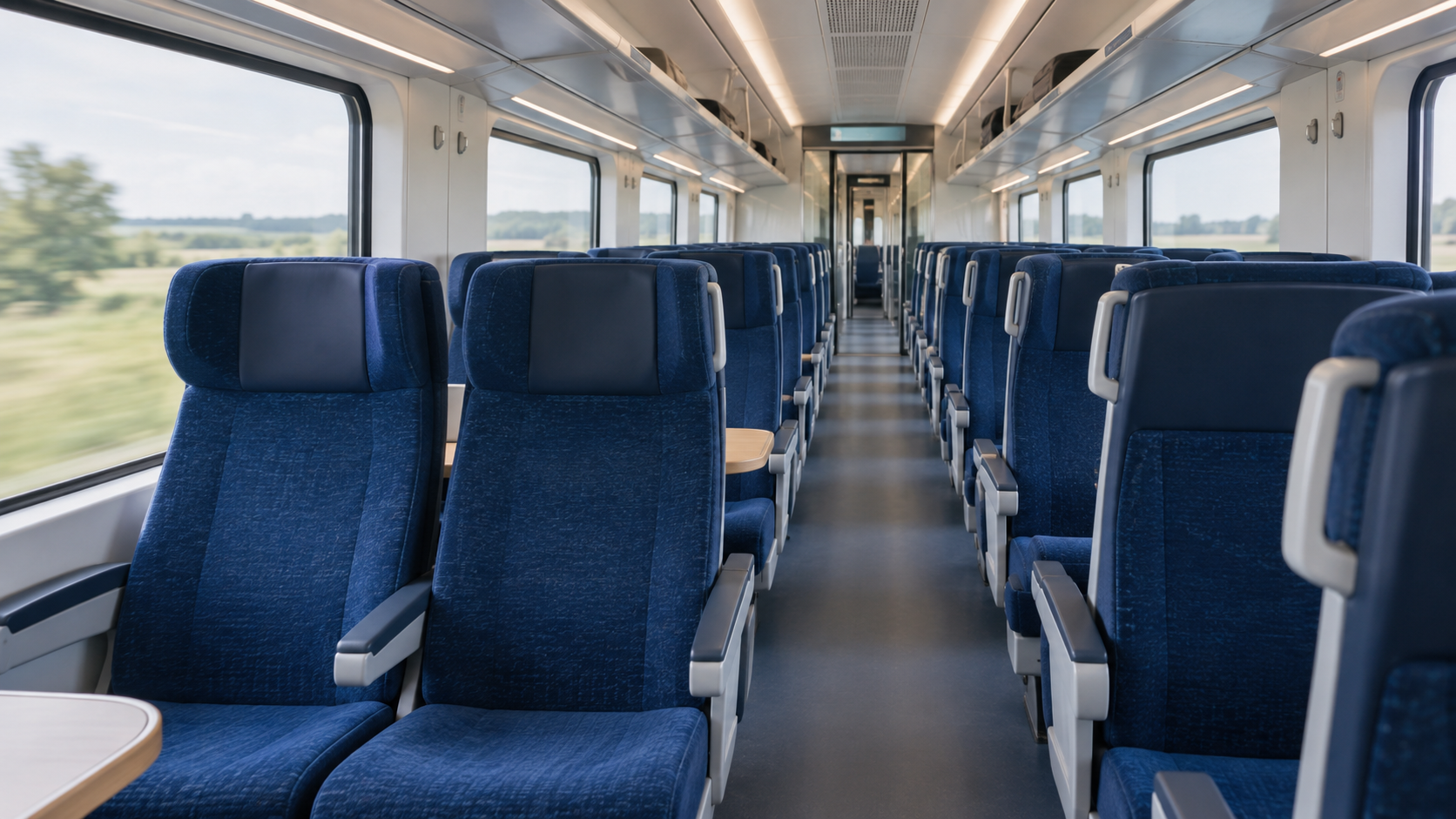 Illustration af et moderne toginteriør med blå sæder, inspireret af ComfortJet. Ikke et foto fra ruten Danmark til Prag.