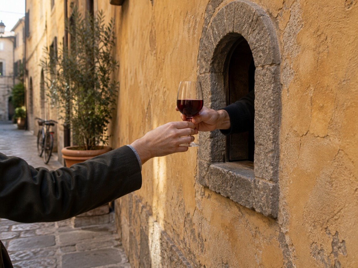 Illustration af vinservering gennem et lille vindue i Firenze.