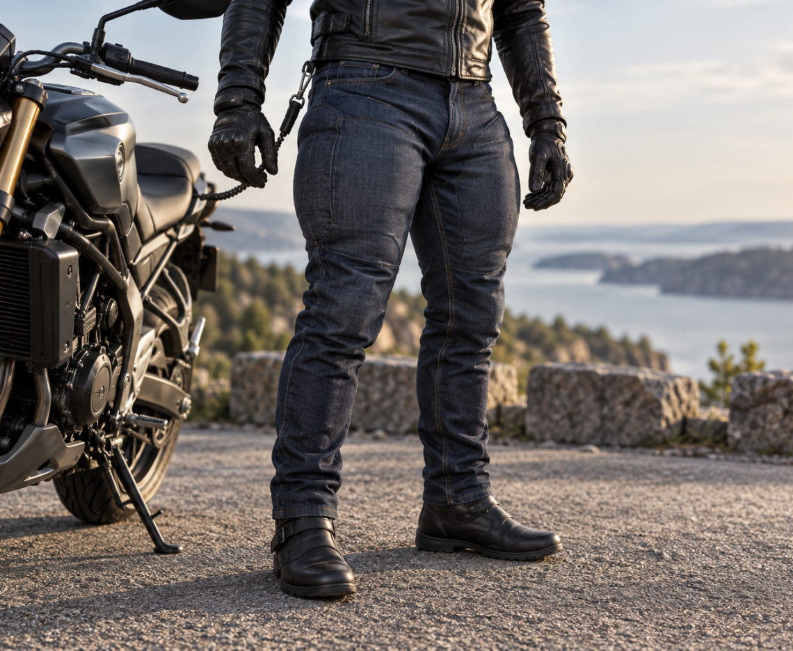 Motorcyklist med illustrerede airbag-jeans ved en motorcykel