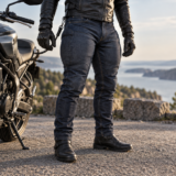 Motorcyklist med illustrerede airbag-jeans ved en motorcykel