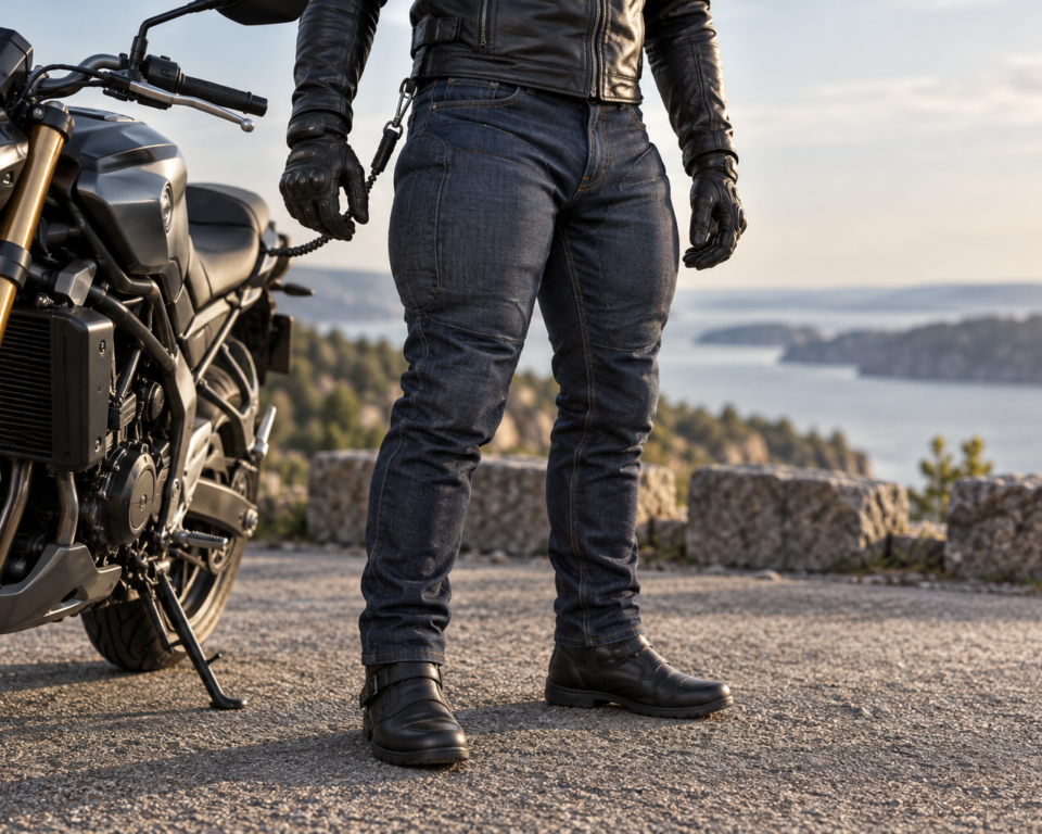 Motorcyklist med illustrerede airbag-jeans ved en motorcykel