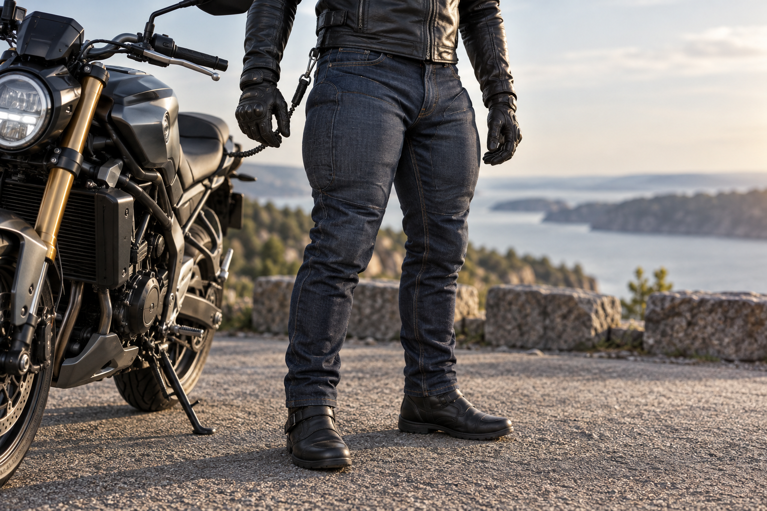 Motorcyklist med illustrerede airbag-jeans ved en motorcykel