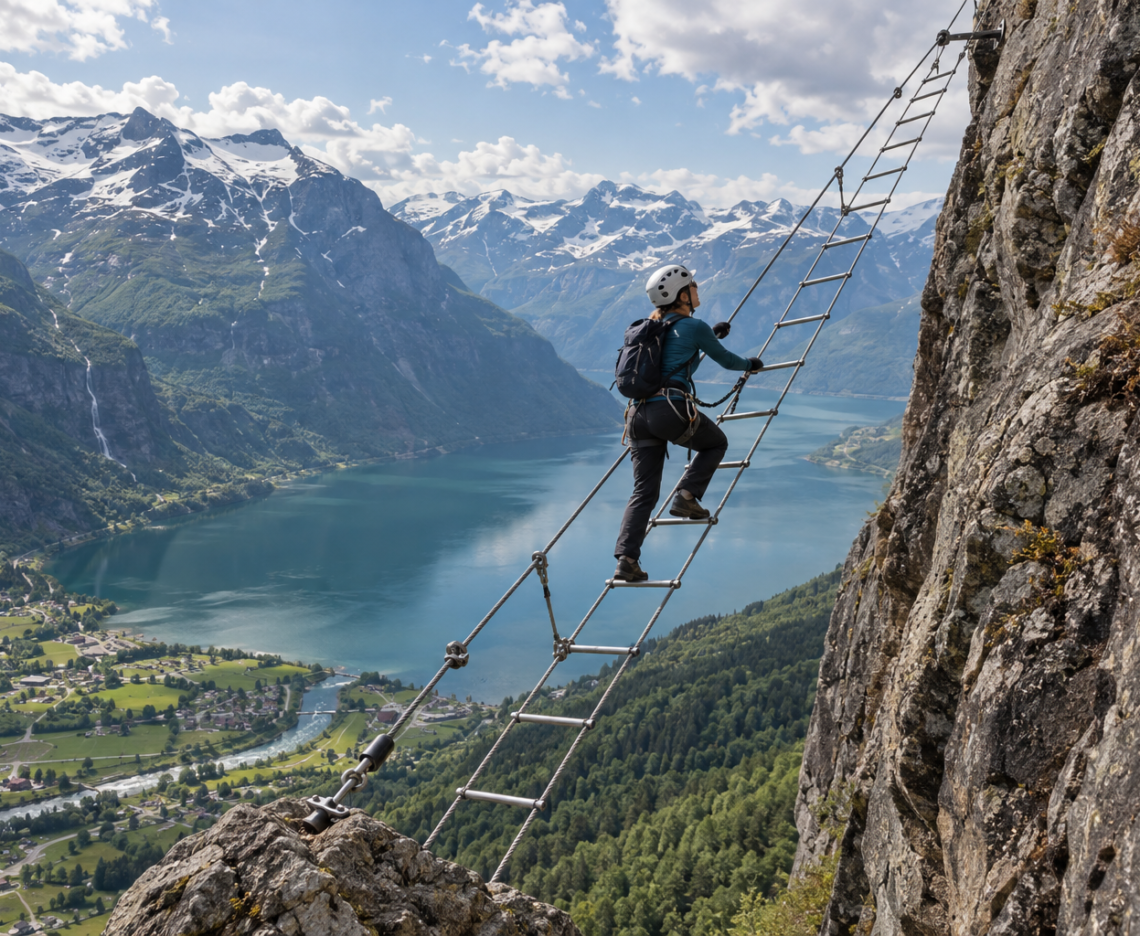 Illustration af en sikret klatrer på en skrå stige over en norsk fjord
