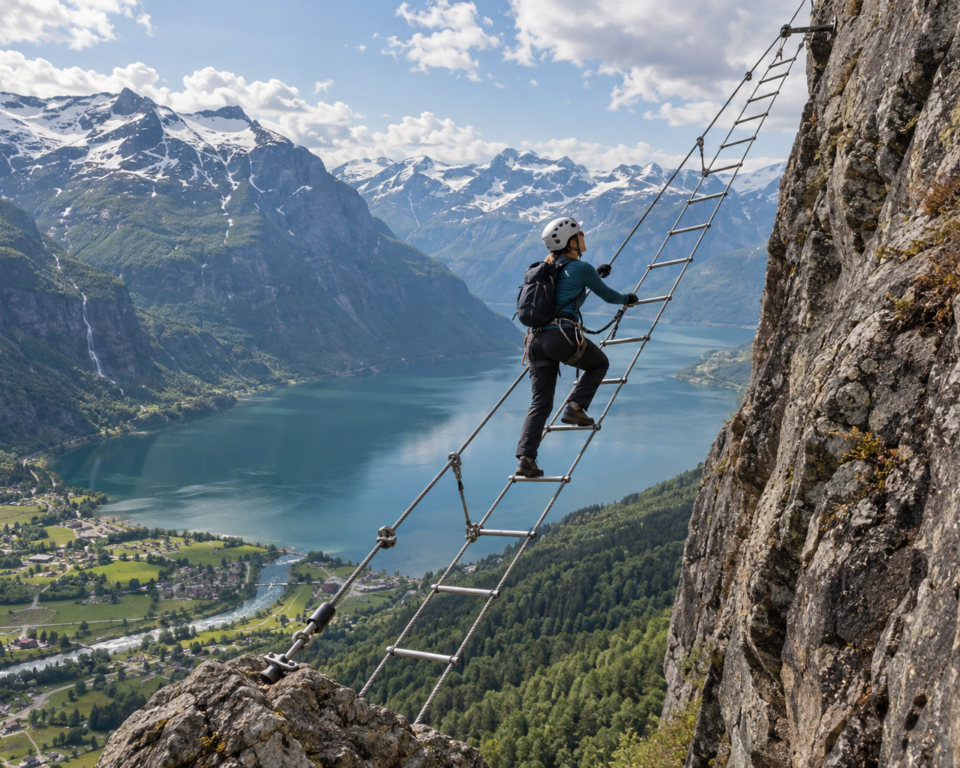 Illustration af en sikret klatrer på en skrå stige over en norsk fjord