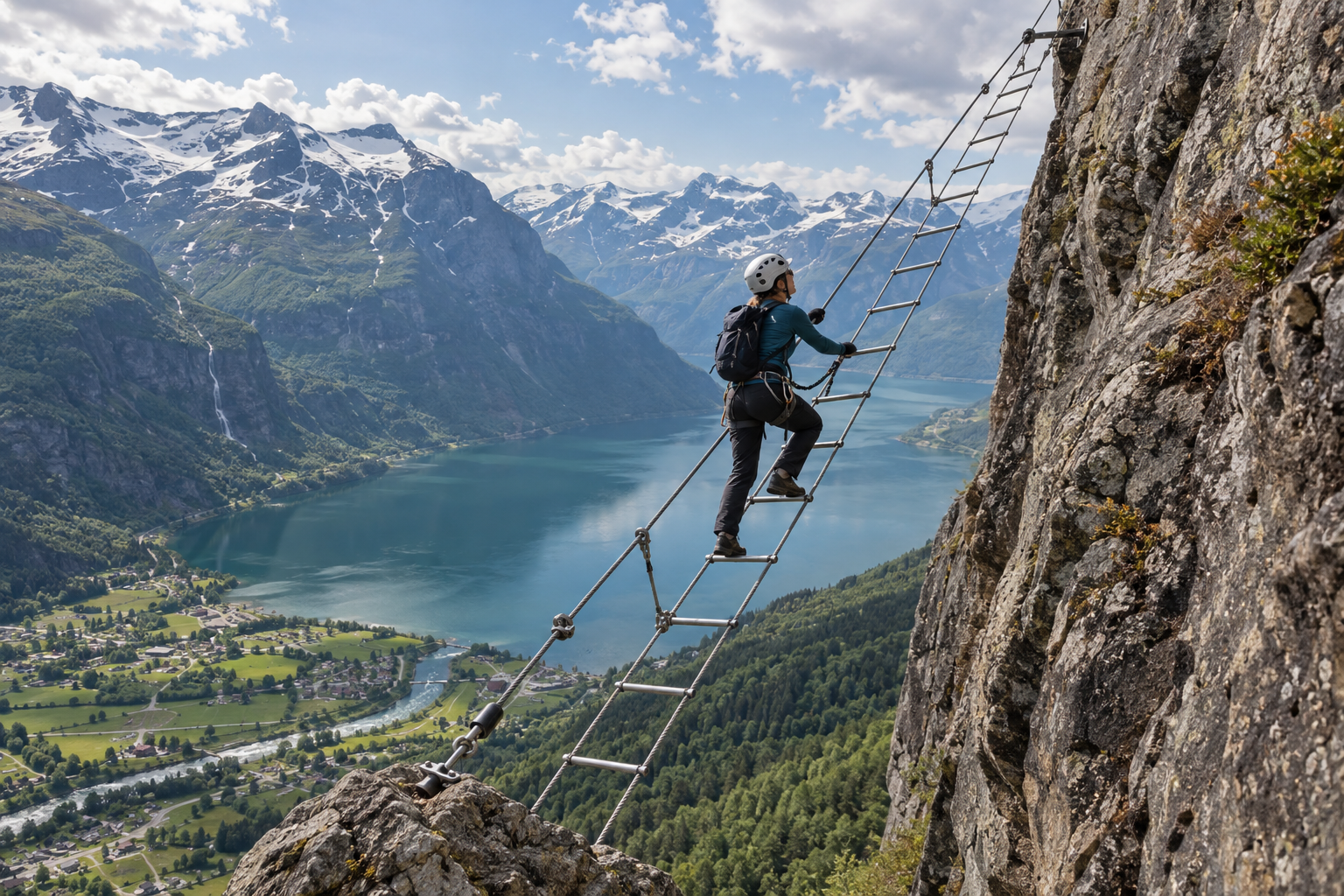 Illustration af en sikret klatrer på en skrå stige over en norsk fjord