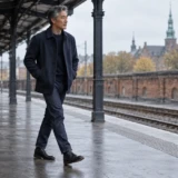 Mand i lige jeans og sorte Chelsea-støvler på en regnvåd togperron