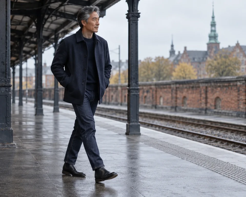 Mand i lige jeans og sorte Chelsea-støvler på en regnvåd togperron