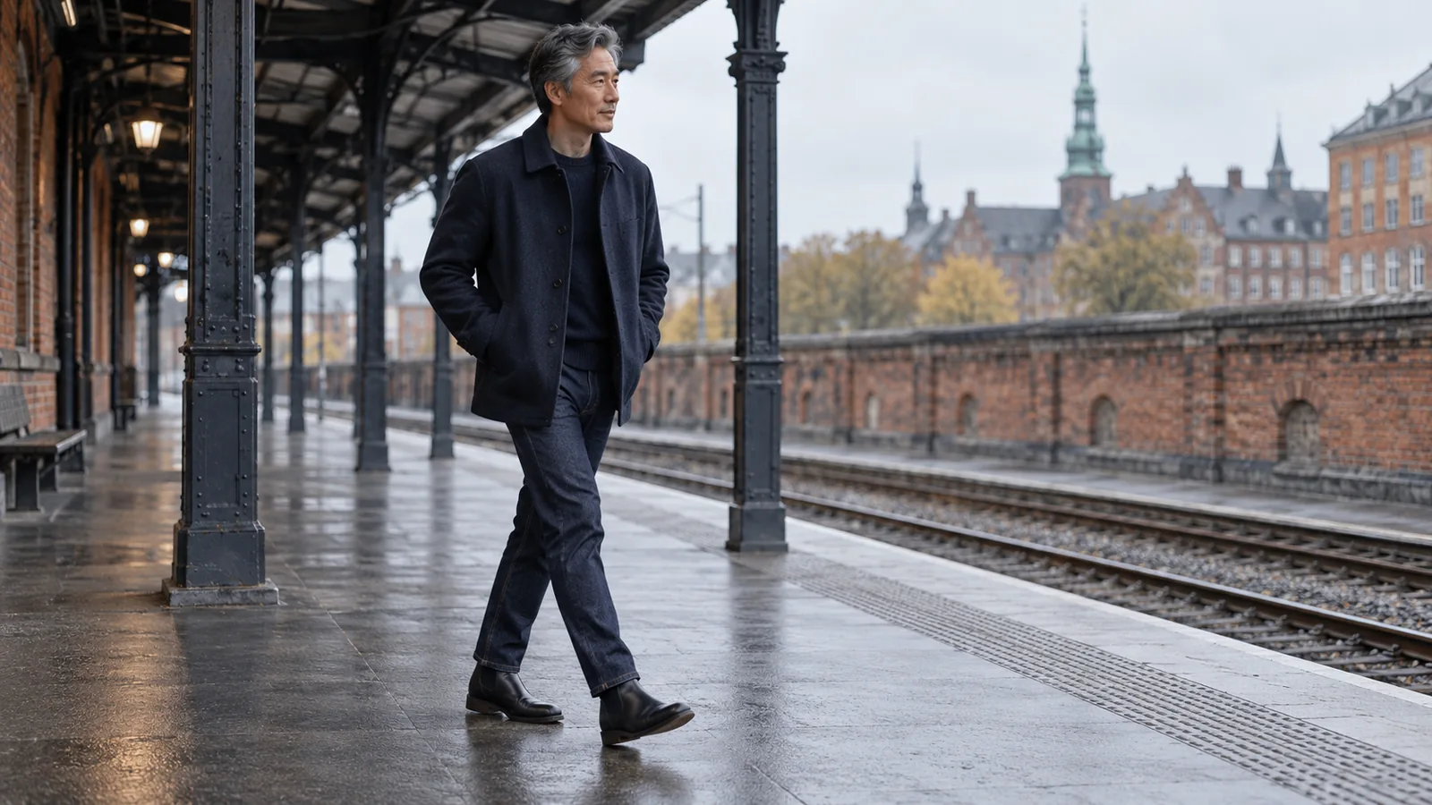 Mand i lige jeans og sorte Chelsea-støvler på en regnvåd togperron