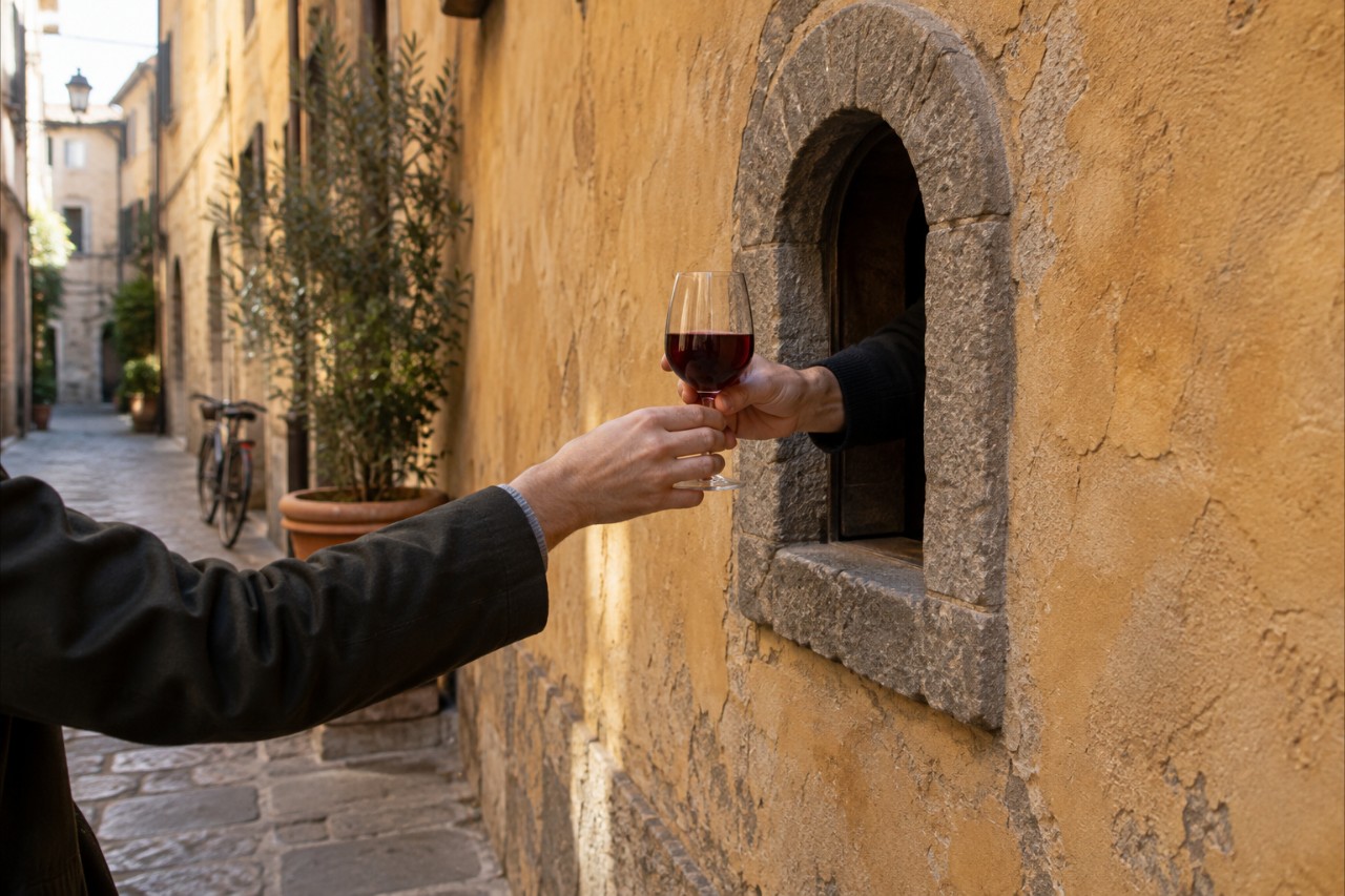 Illustration af vinservering gennem et lille vindue i Firenze.