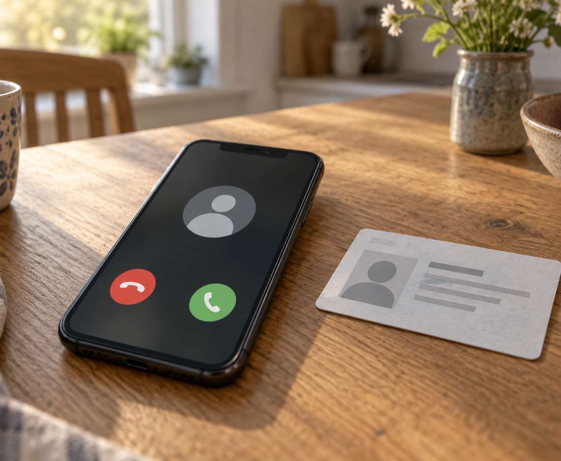 Illustration af et indgående telefonopkald og et anonymt identitetskort.