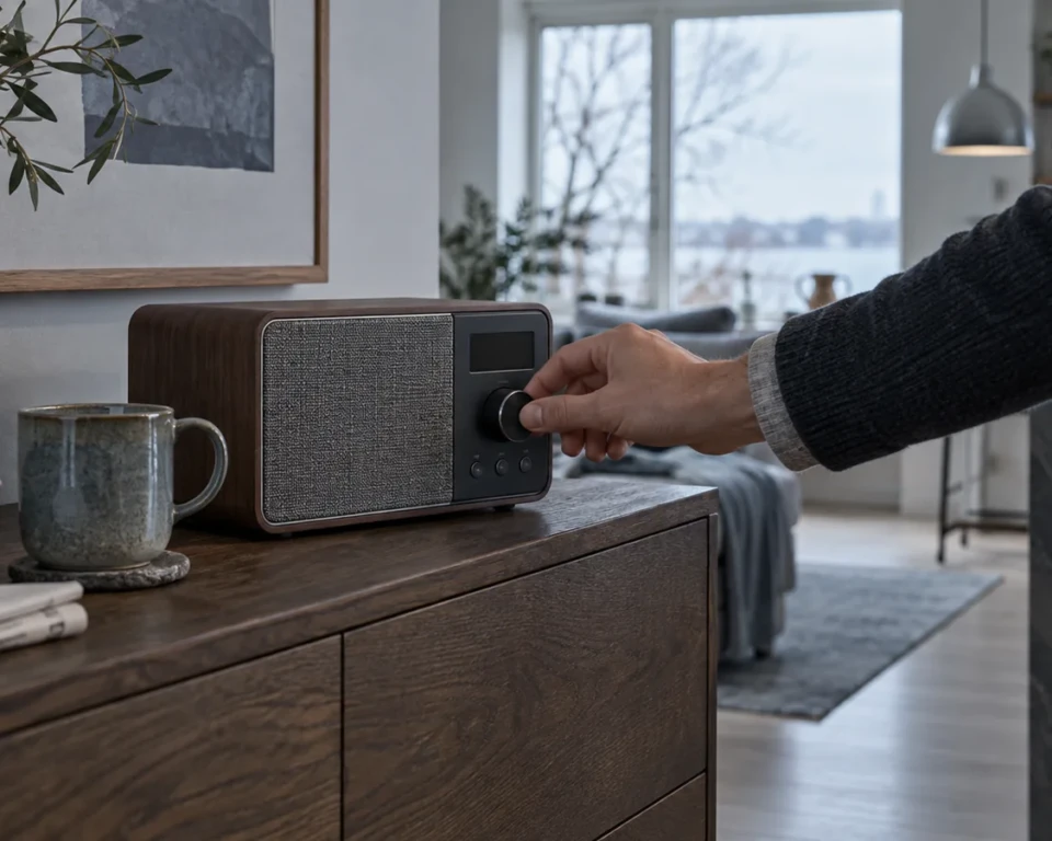Hånd der tænder en DAB-radio på en skænk i et moderne hjem