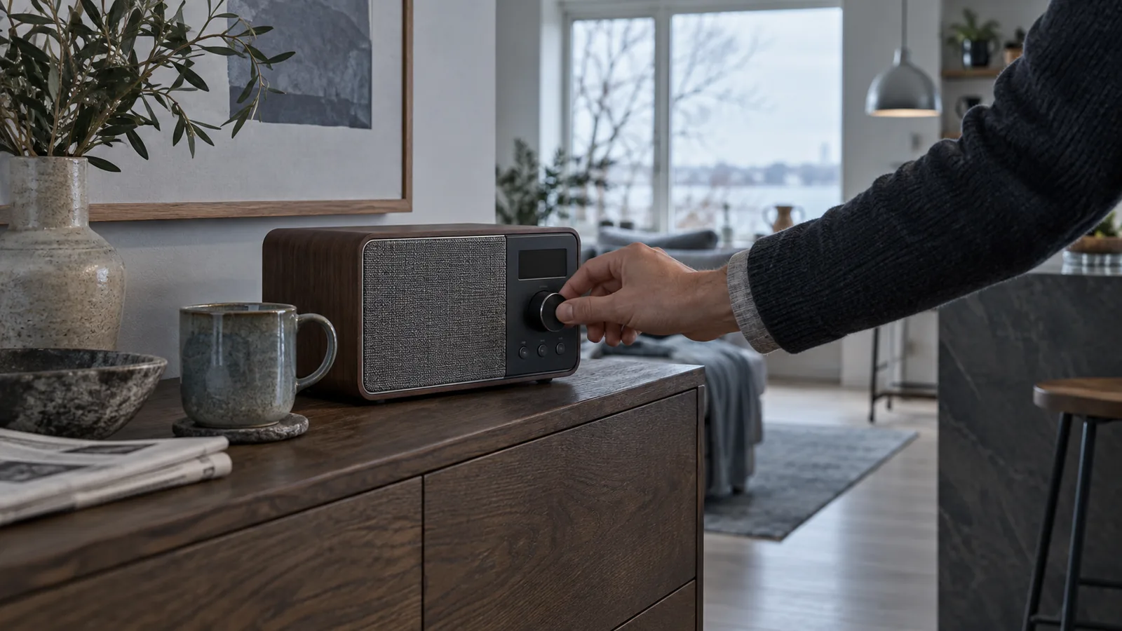Hånd der tænder en DAB-radio på en skænk i et moderne hjem